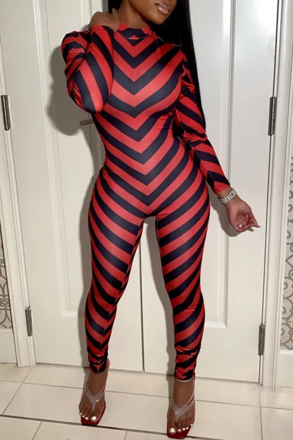 Casual Striped Split Joint Half A Turtleneck Skinny Jumpsuits