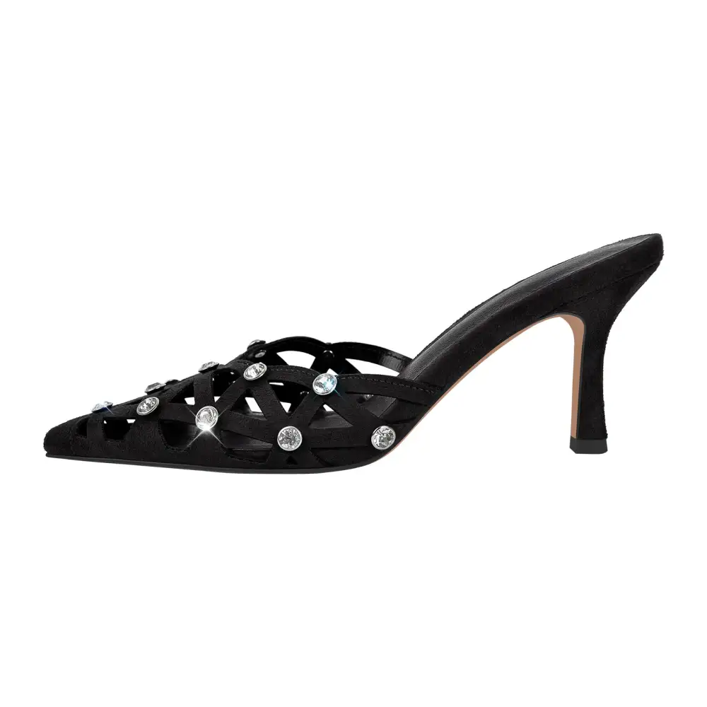 Rhinestone Pointed Toe Hollow Mule Sandals