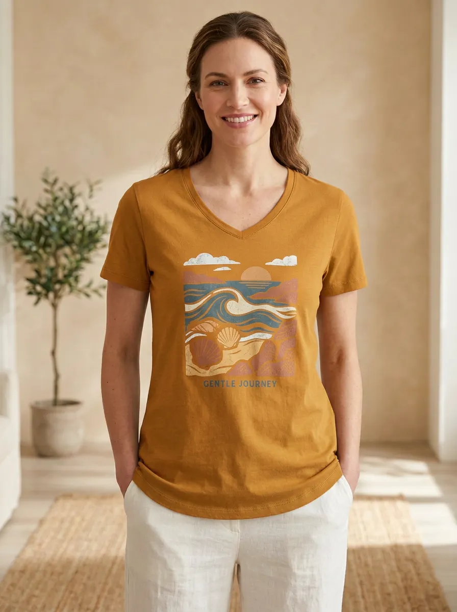 Women's Beach Ocean Seashell Sunset Print V-Neck T-Shirt