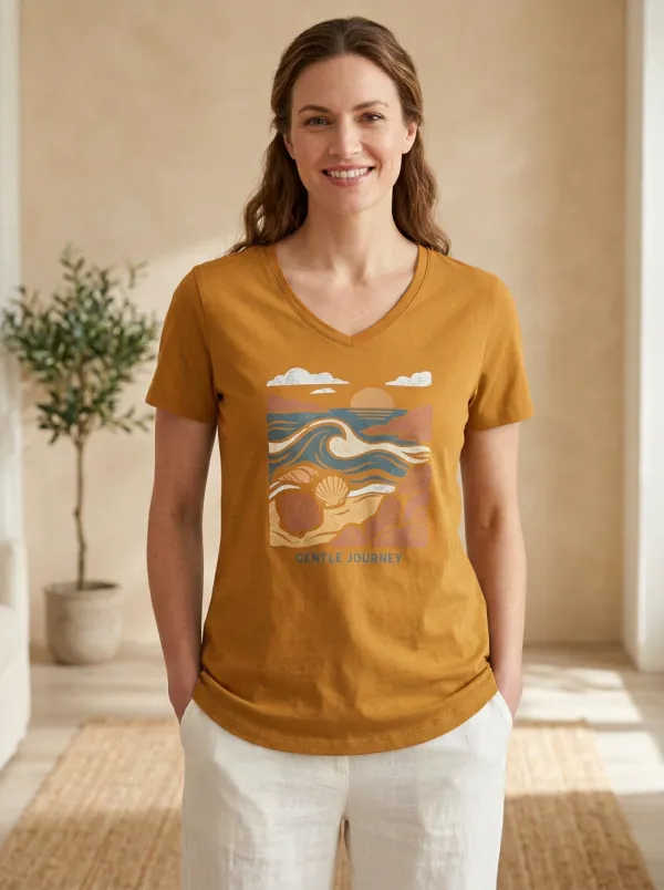 Women's Beach Ocean Seashell Sunset Print V-Neck T-Shirt