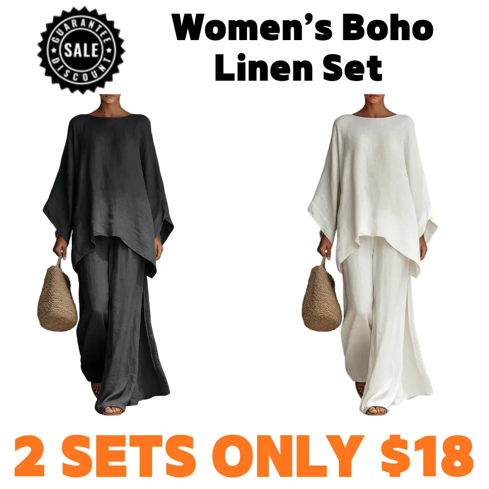 Boho Linen Summer Two-Piece Set – Wide Leg Pants & Batwing Top