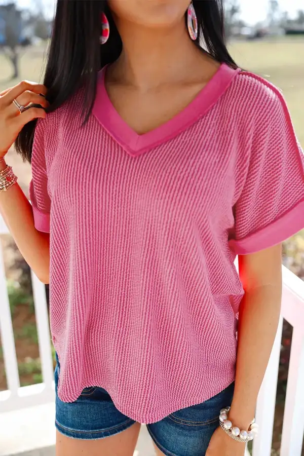 Solid V-Neck Short Sleeve Top