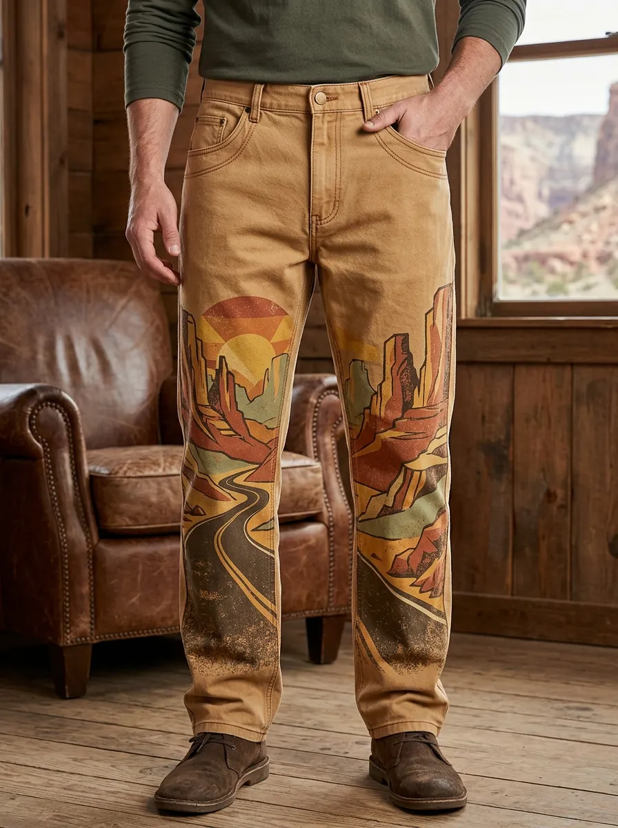 Men's Desert Landscape Print Five-Pocket Jeans