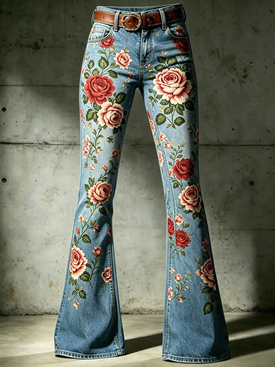 Women'S Retro Flower Commemorative Casual Jeans