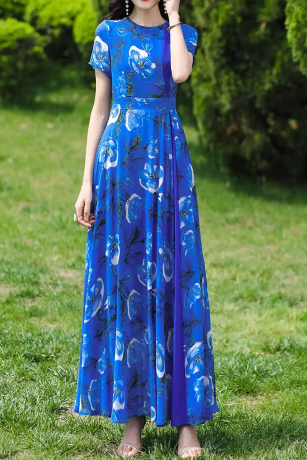 Modern Floral Chiffon Short Sleeve Maxi Dress