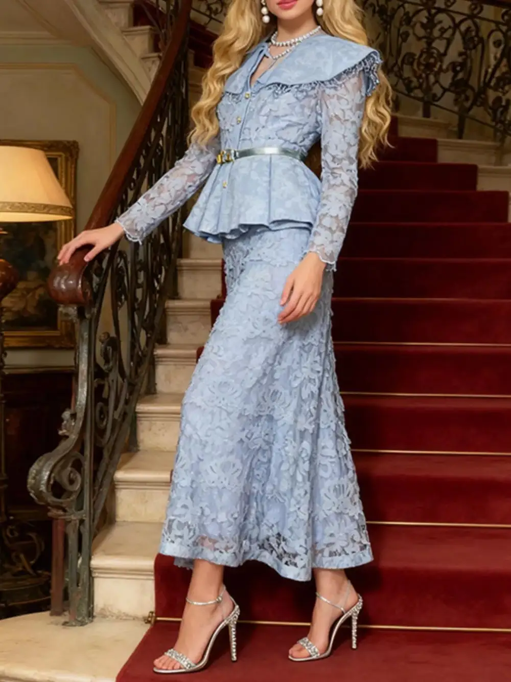 Fitted Button Front Lace Detail Coordinated Set