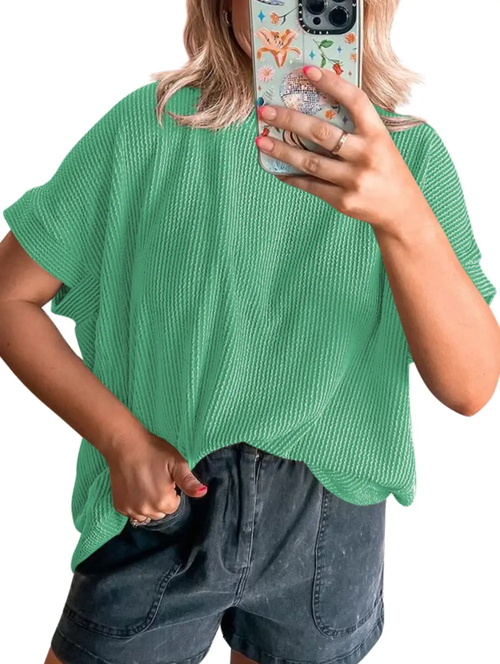 Ribbed Knit Crew Neck Tee