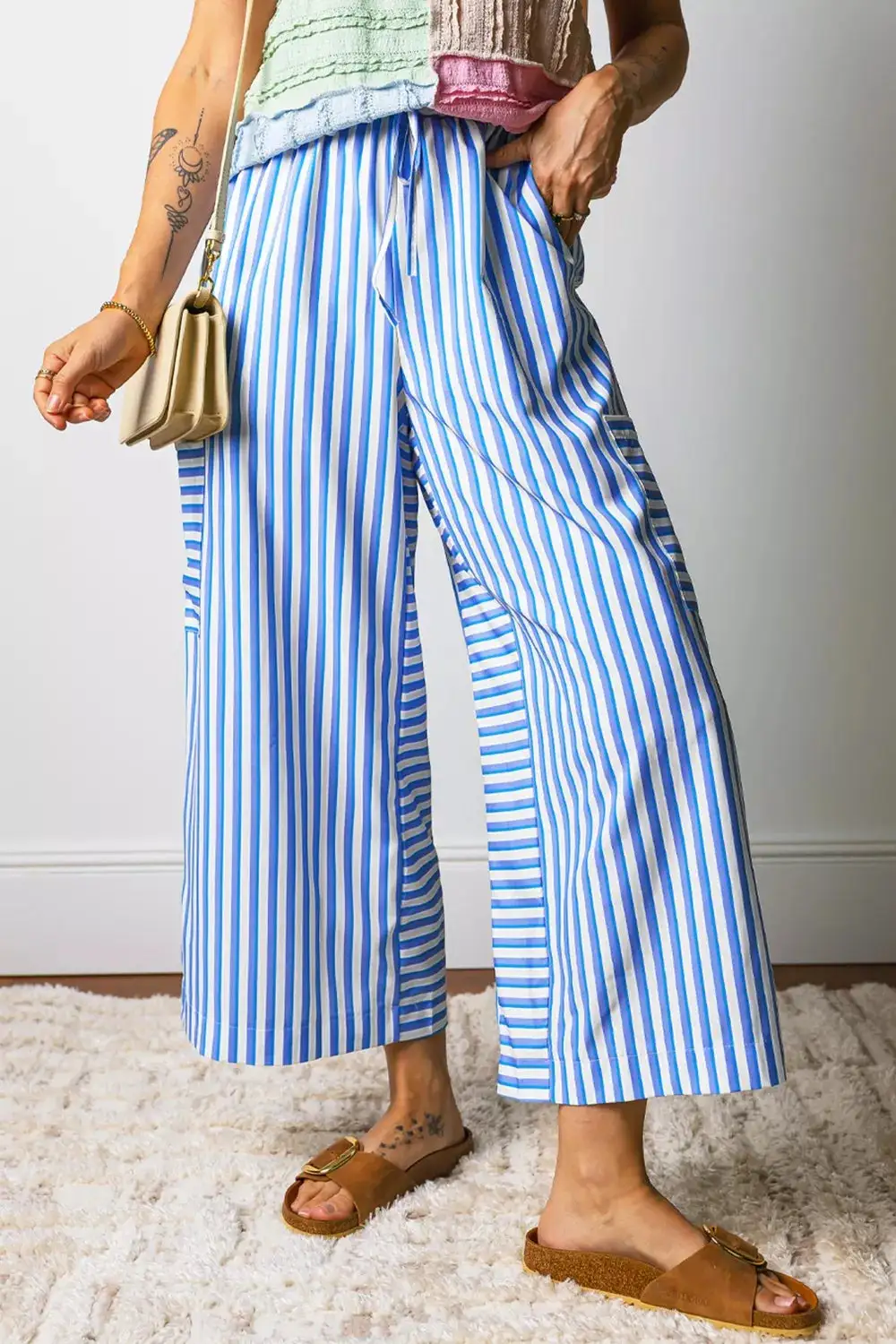 Stripe Drawstring Elastic Waist Patch Pocket Wide Leg Ankle Length Pants