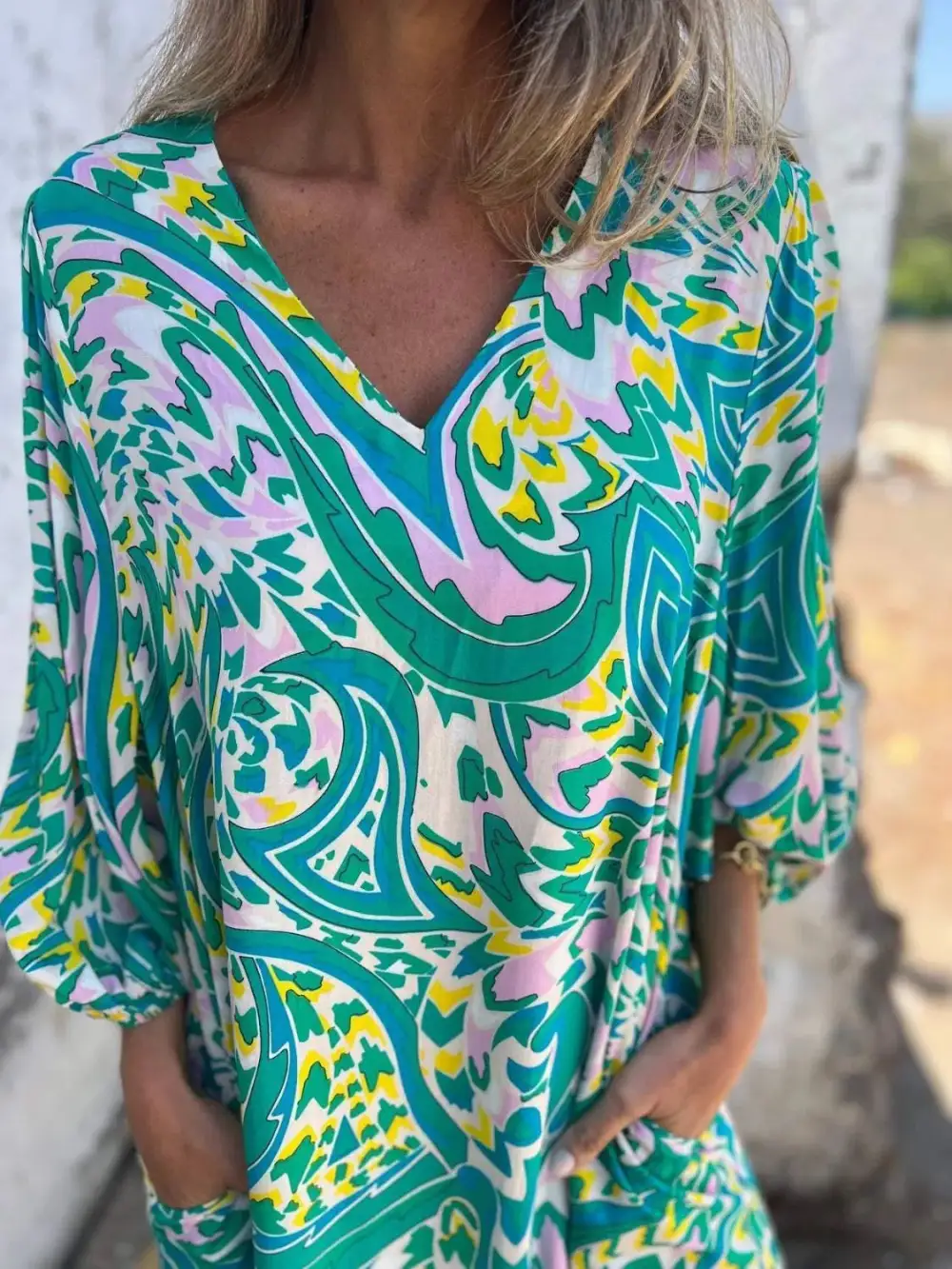 V-Neck Printed Midi Dress