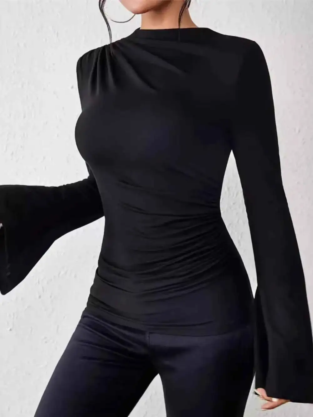 Bell Sleeve Ruched Fitted T-Shirt with Mock Neck