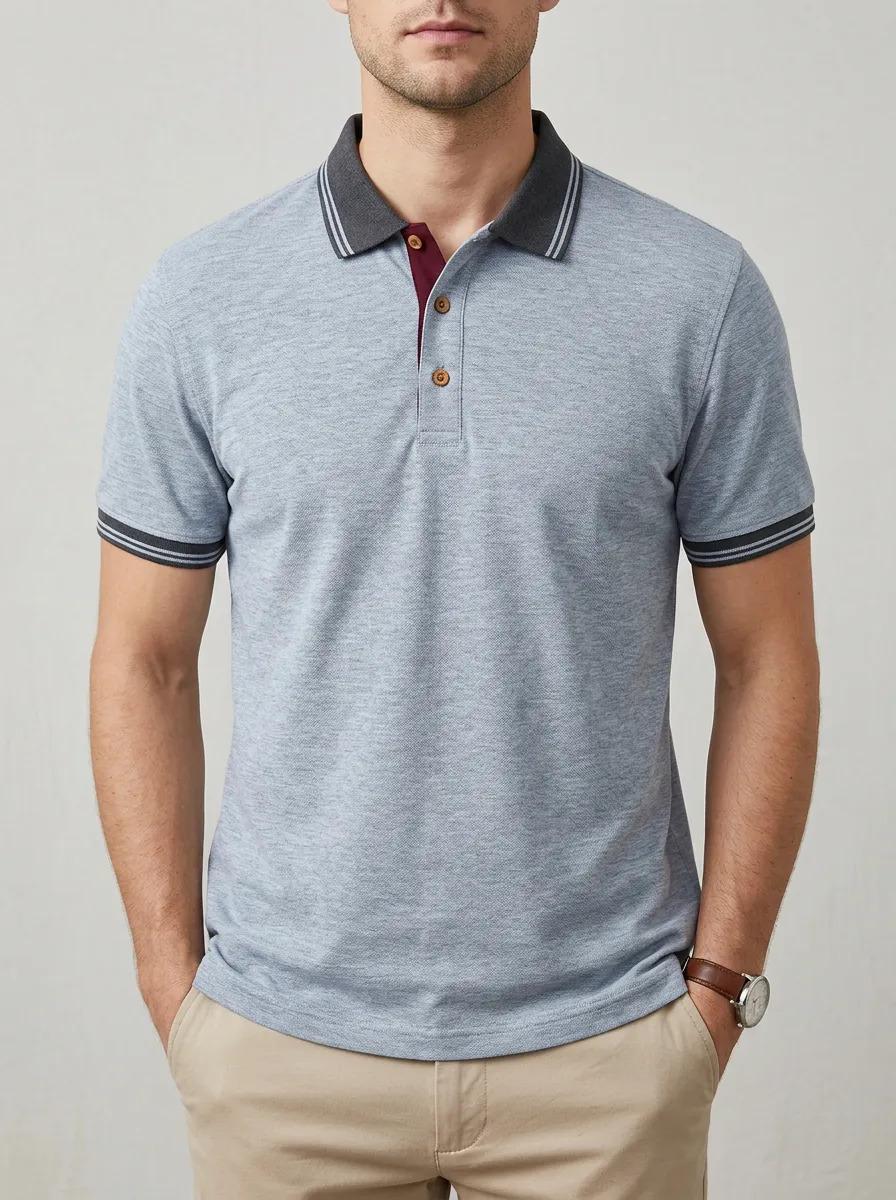 Men's Contrast-Collar Stripe Trim Polo Shirt