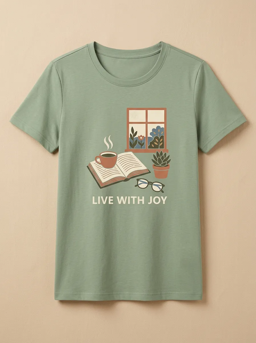 Women's Book Coffee Window Plant Print T-Shirt