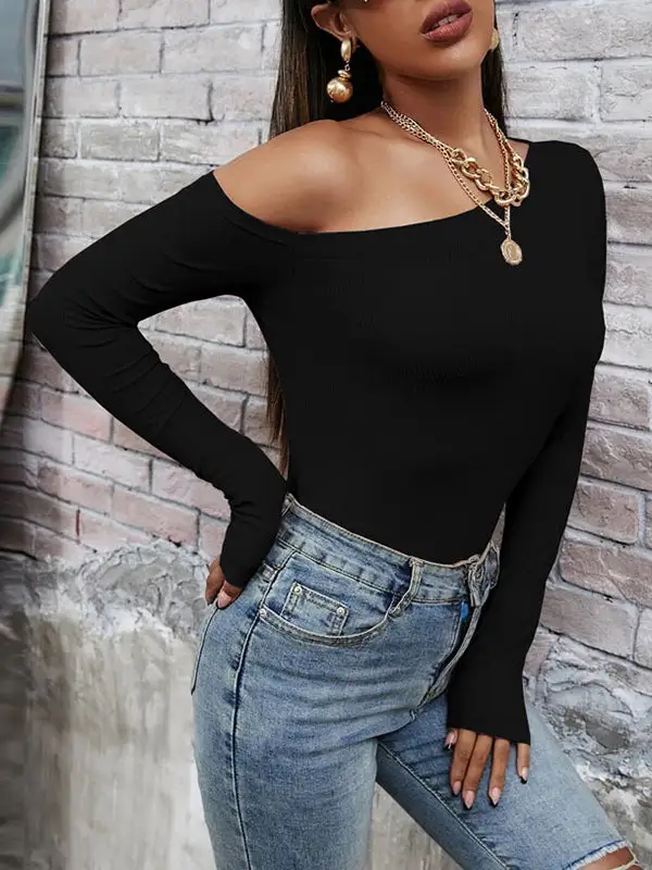 Long Sleeve Slim Fit One Shoulder T-Shirt