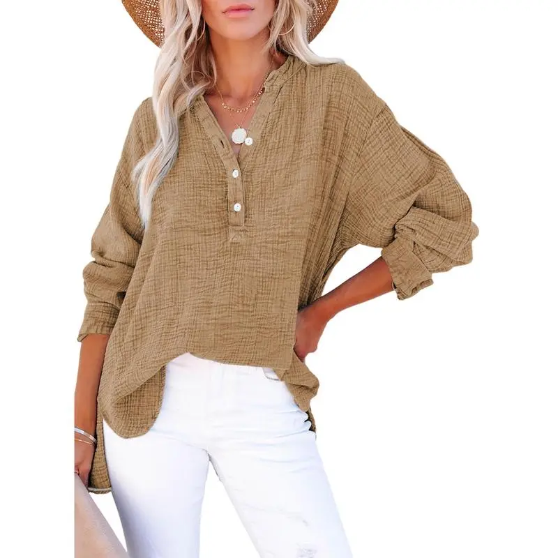 Women's Casual Button V Neck Long Sleeve Shirts Oversized Solid Blouses Tops 100% Cotton