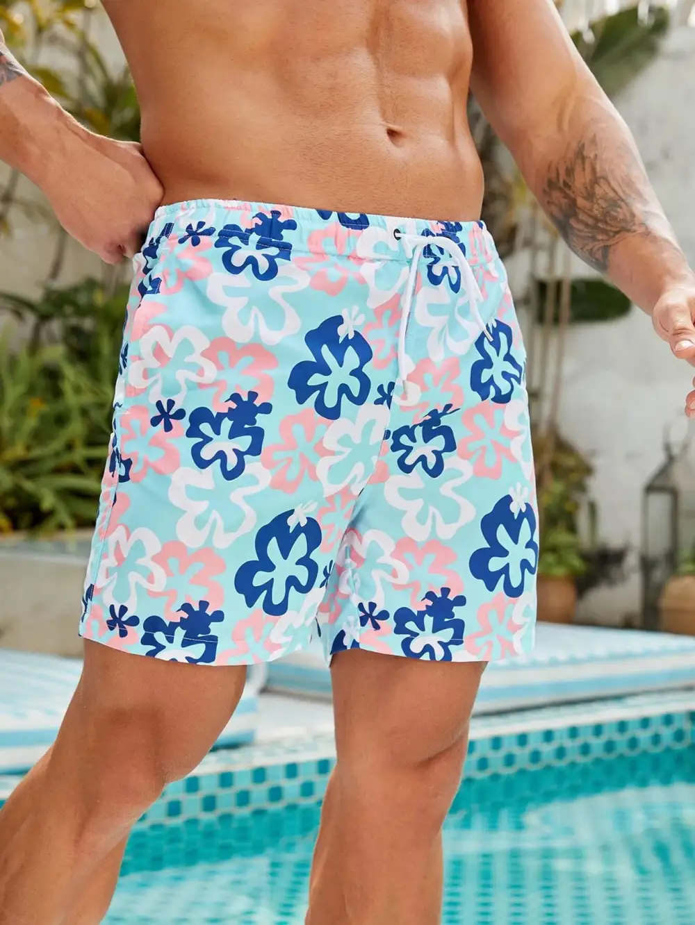 Men's Floral Drawstring Swim Trunks