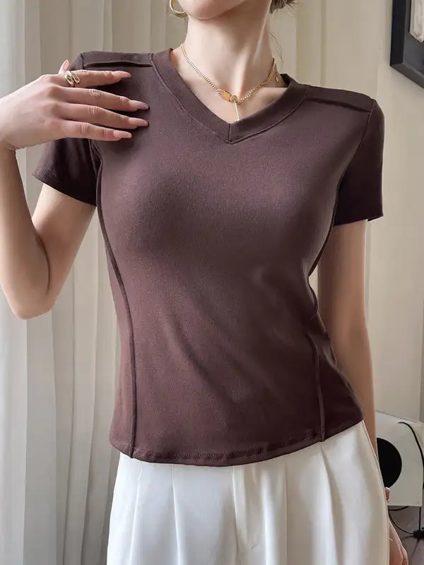 Short Sleeve Slim Fit Panel Detail V-Neck T-Shirt