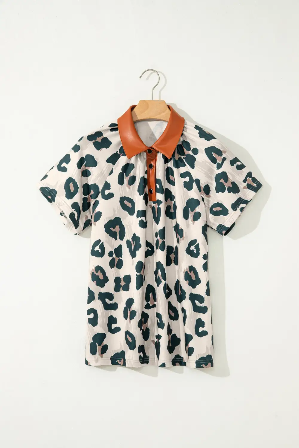 Casual Unique Leopard Print Button Contrast Collared Short Sleeve Blouse
