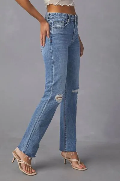 Balanced Straight Leg Raw Hem Distressed Denim Jeans