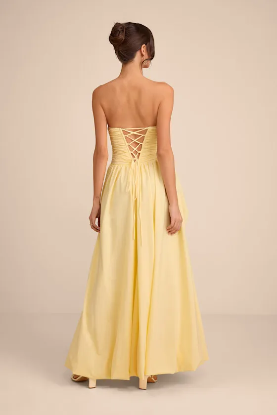 Marilou Light Yellow Strapless Ruched Lace-Up Maxi Dress
