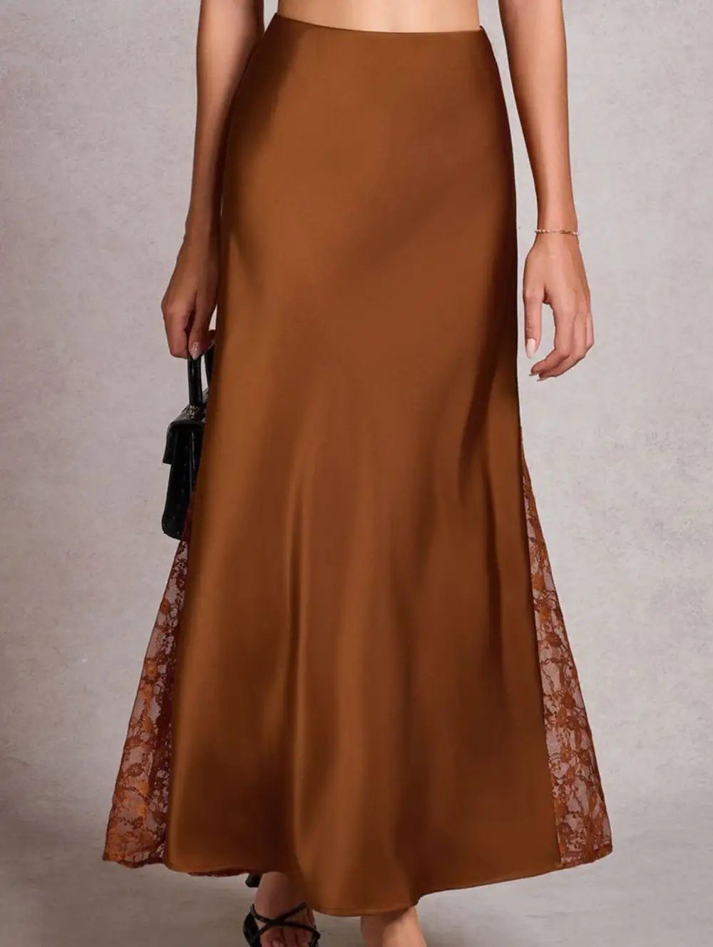 Satin Lace High Waist A-Line Skirt