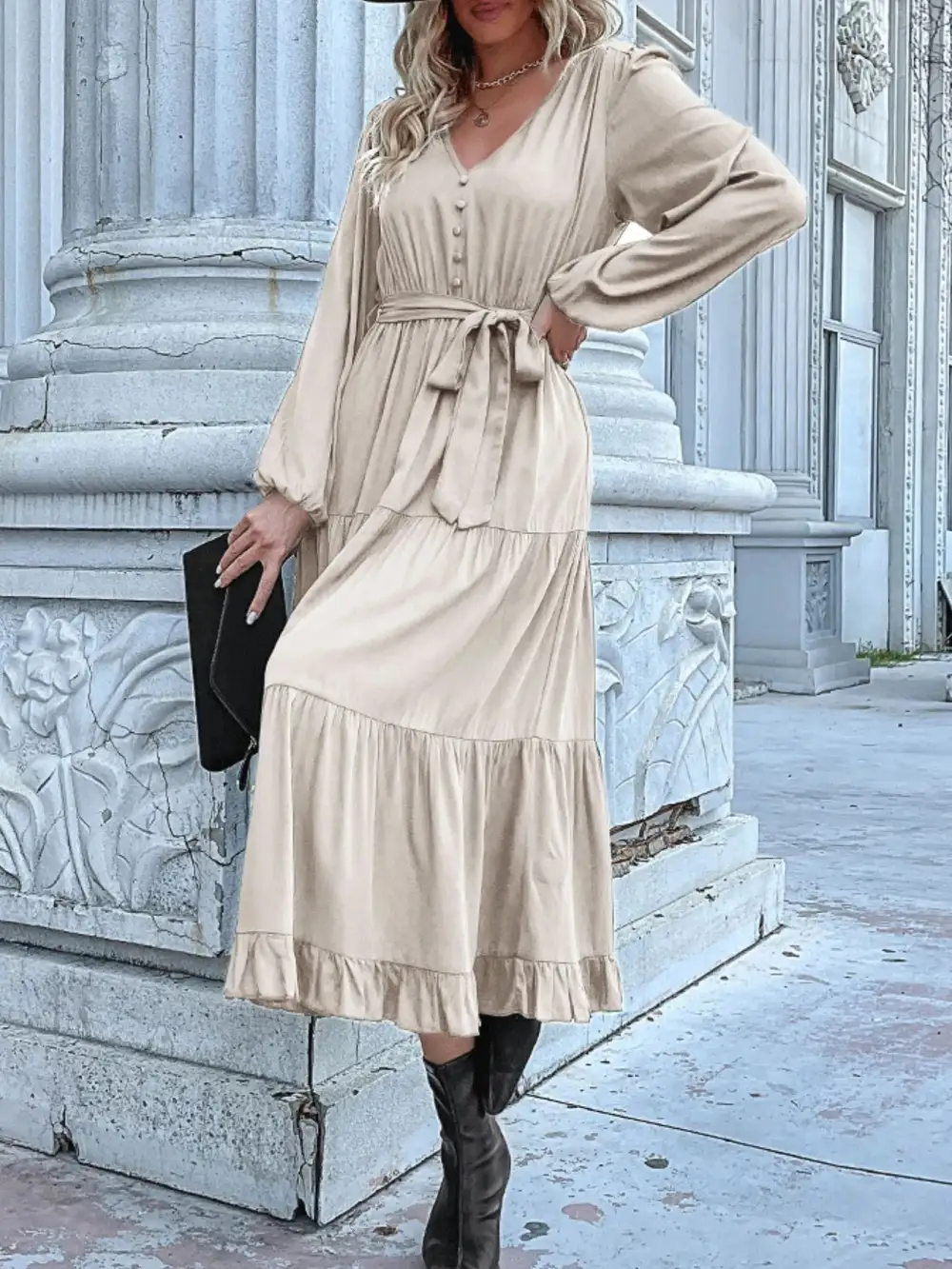 Smooth Finish V Neck Ruffle Dress
