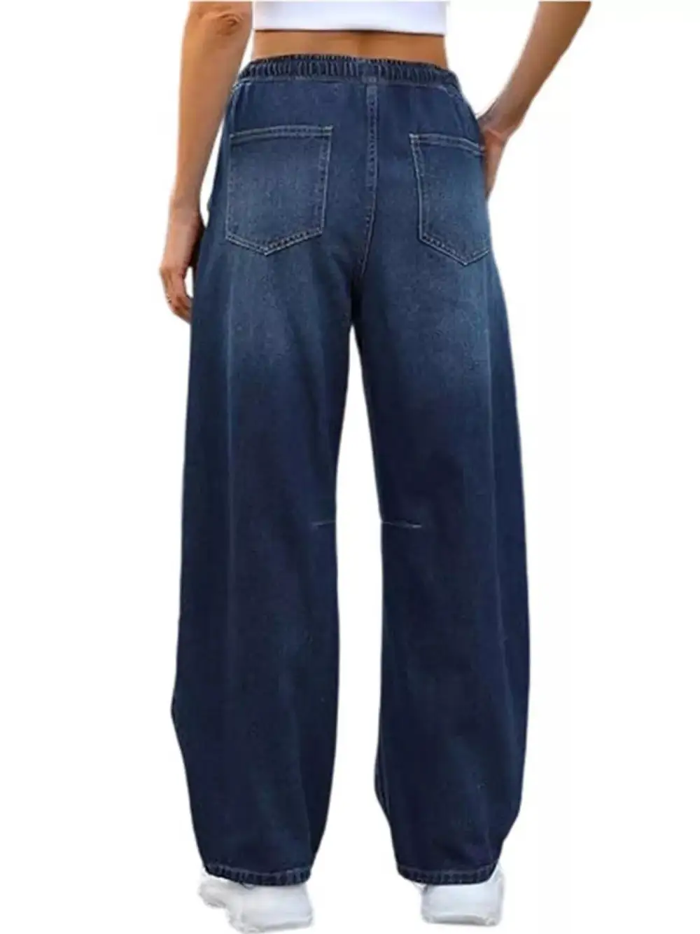 Sharp Wide Leg Elastic Waist Denim Jeans