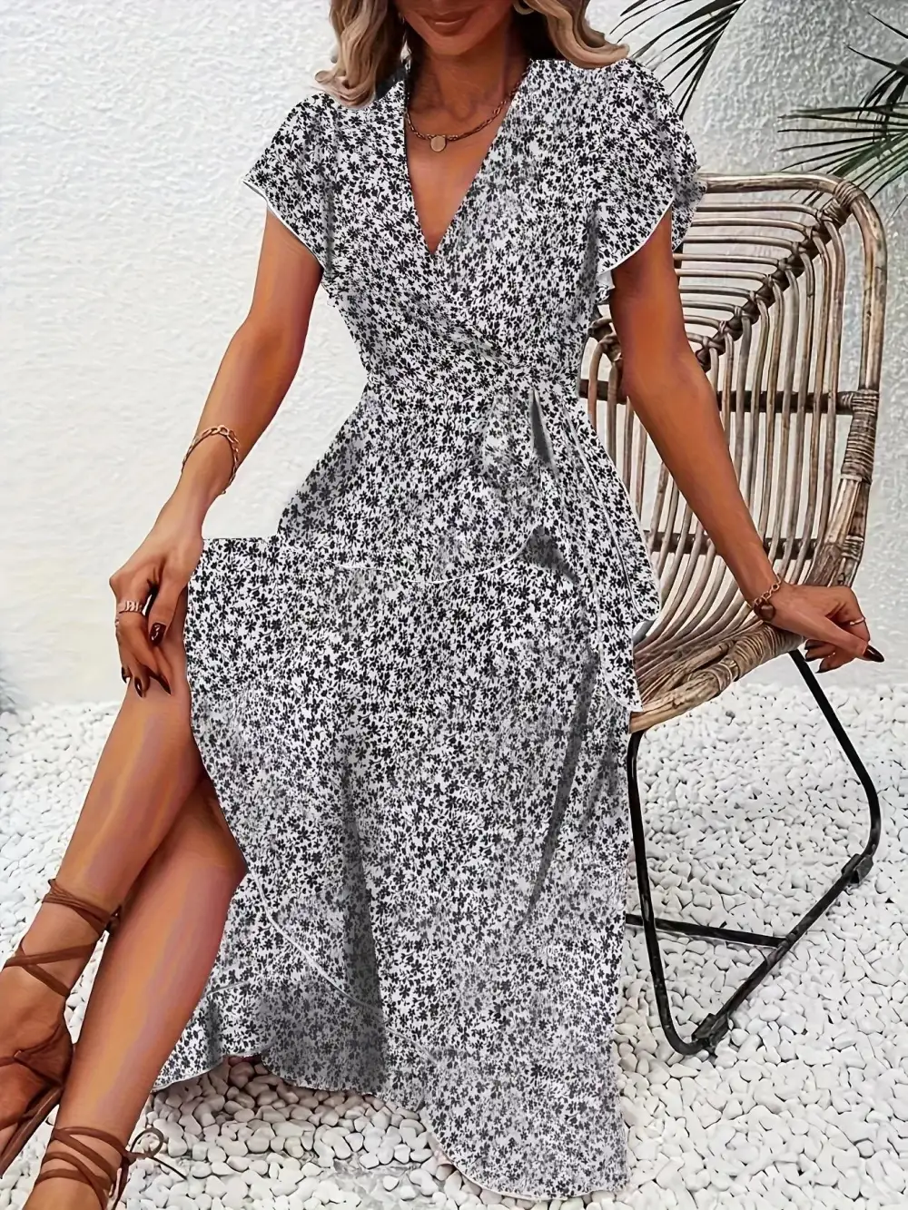 Print Ruffle Hem Wrap Midi Dress
