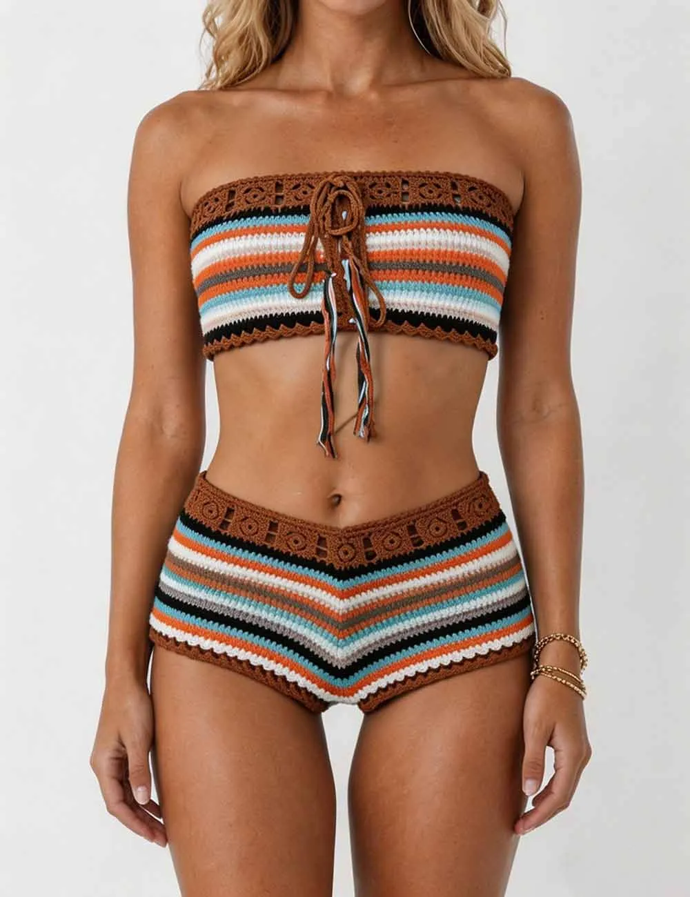 Rainbow Crochet Bandeau Bikini Set with Cover Up Shorts