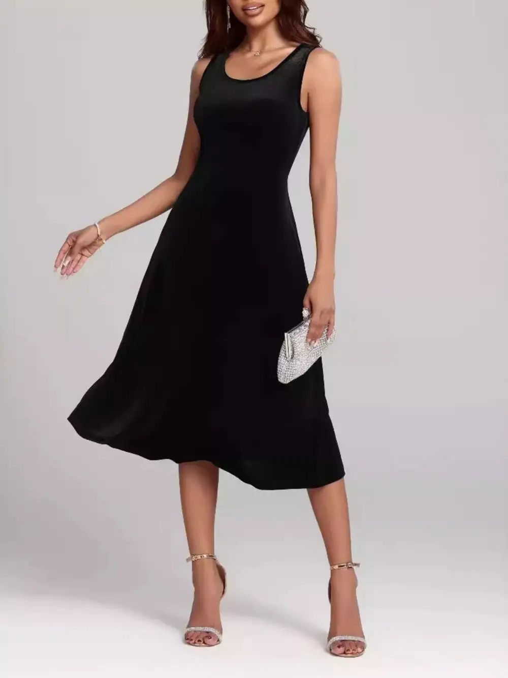 Round Neck Sleeveless Velvet A-Line Midi Dress