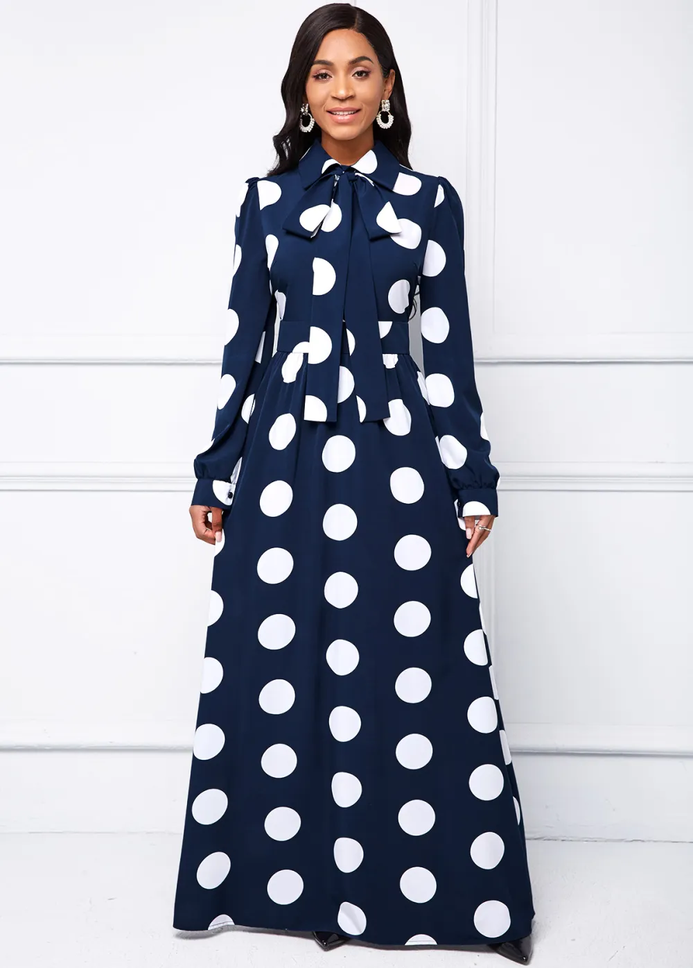 Long Sleeve Turndown Collar Polka Dot Dress