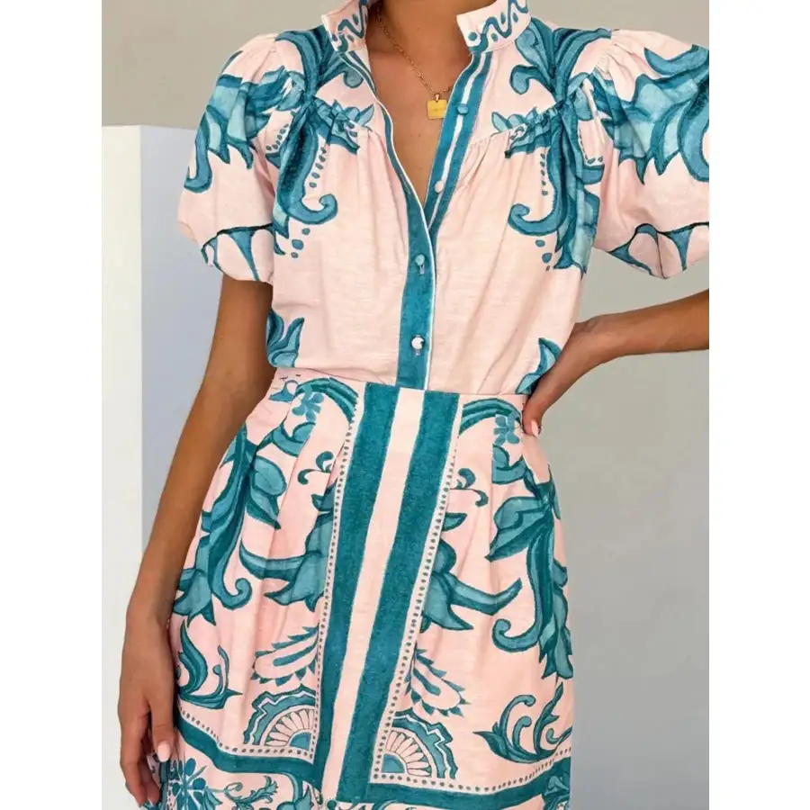 Printed Puff Sleeve Top and Skirt Set