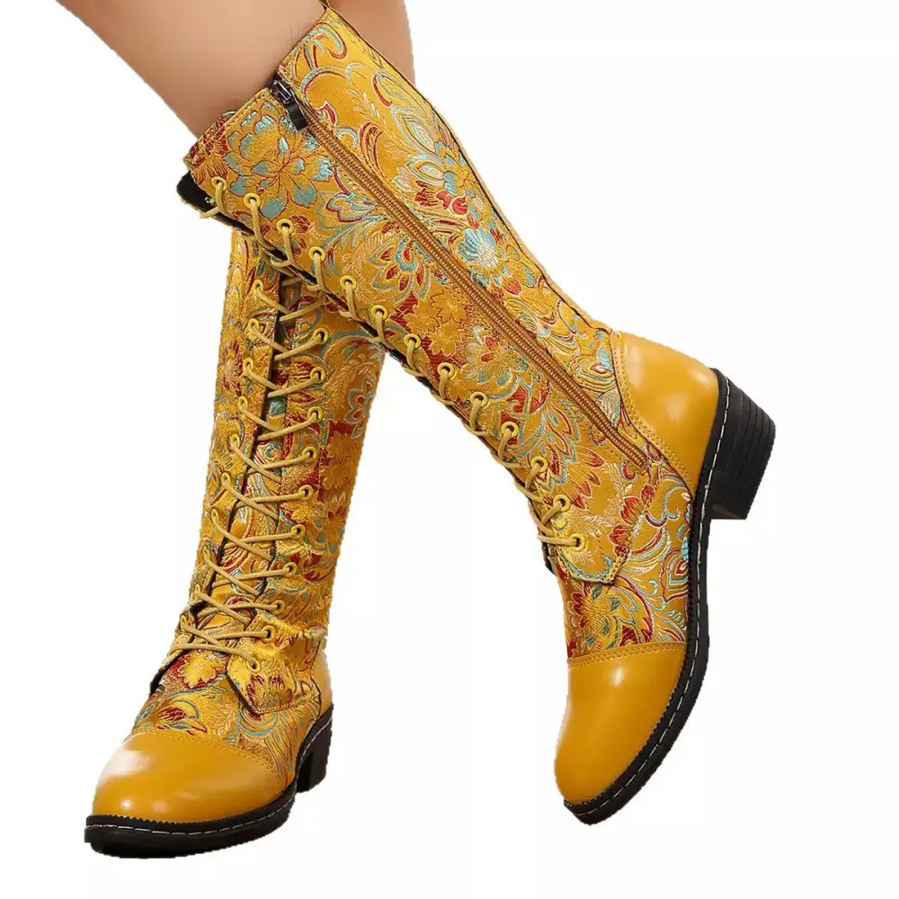 Embroidered Lace Up Block Heel Boots