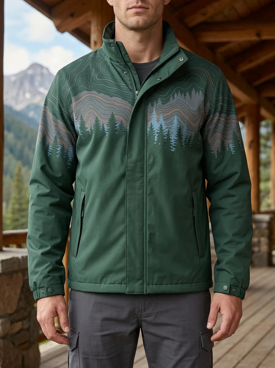 Men's Outdoor Adventure Mountain Forest Topographic Rugged Journey Jacket