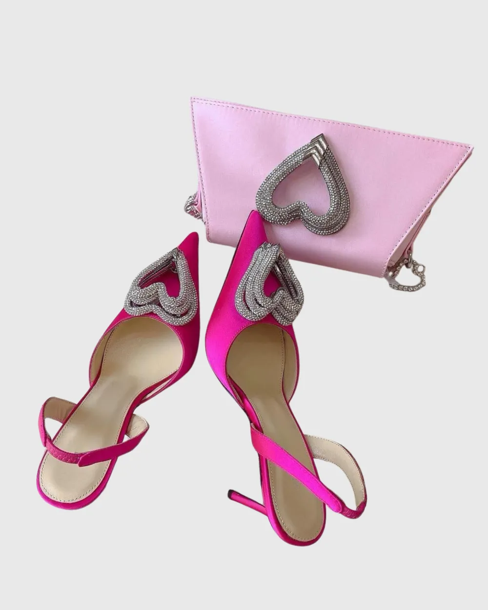 Crystal Heart Strap Pumps in Hot Pink
