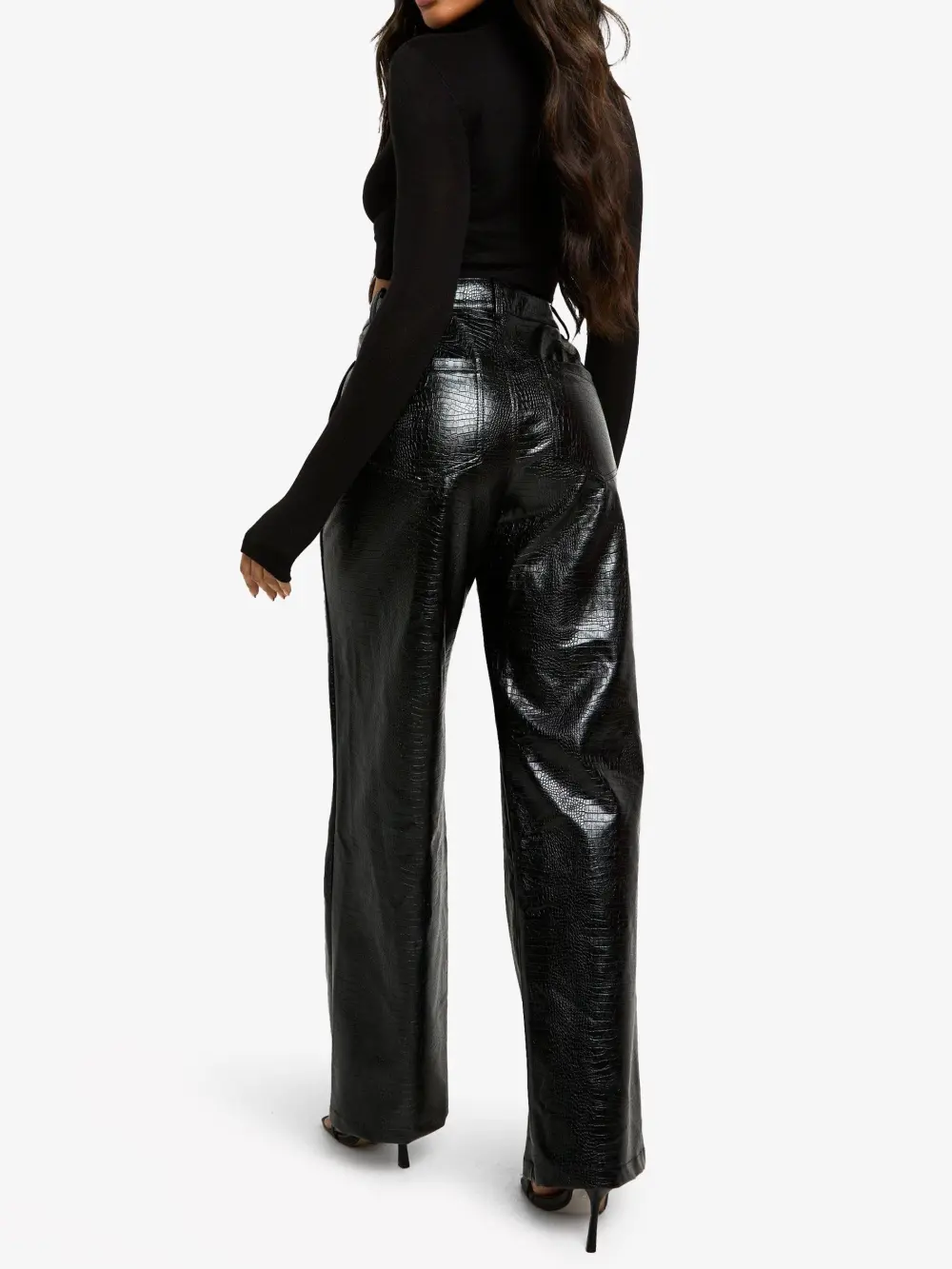 BLACK CROC PU STRAIGHT LEG PANTS