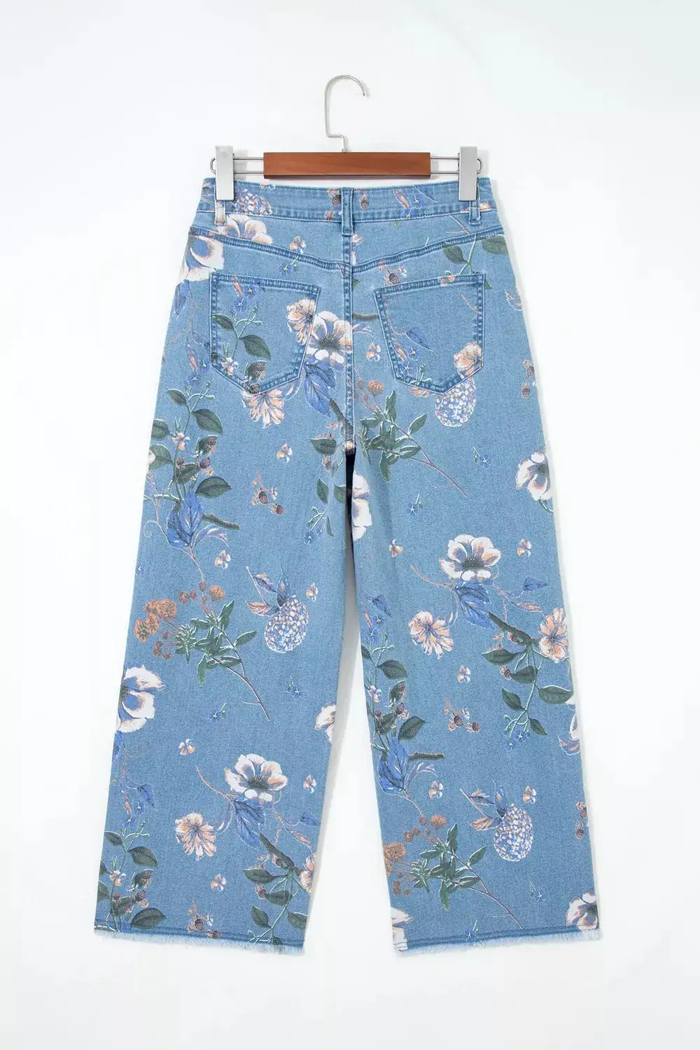 Floral Print Raw Hem Wide Leg Jeans