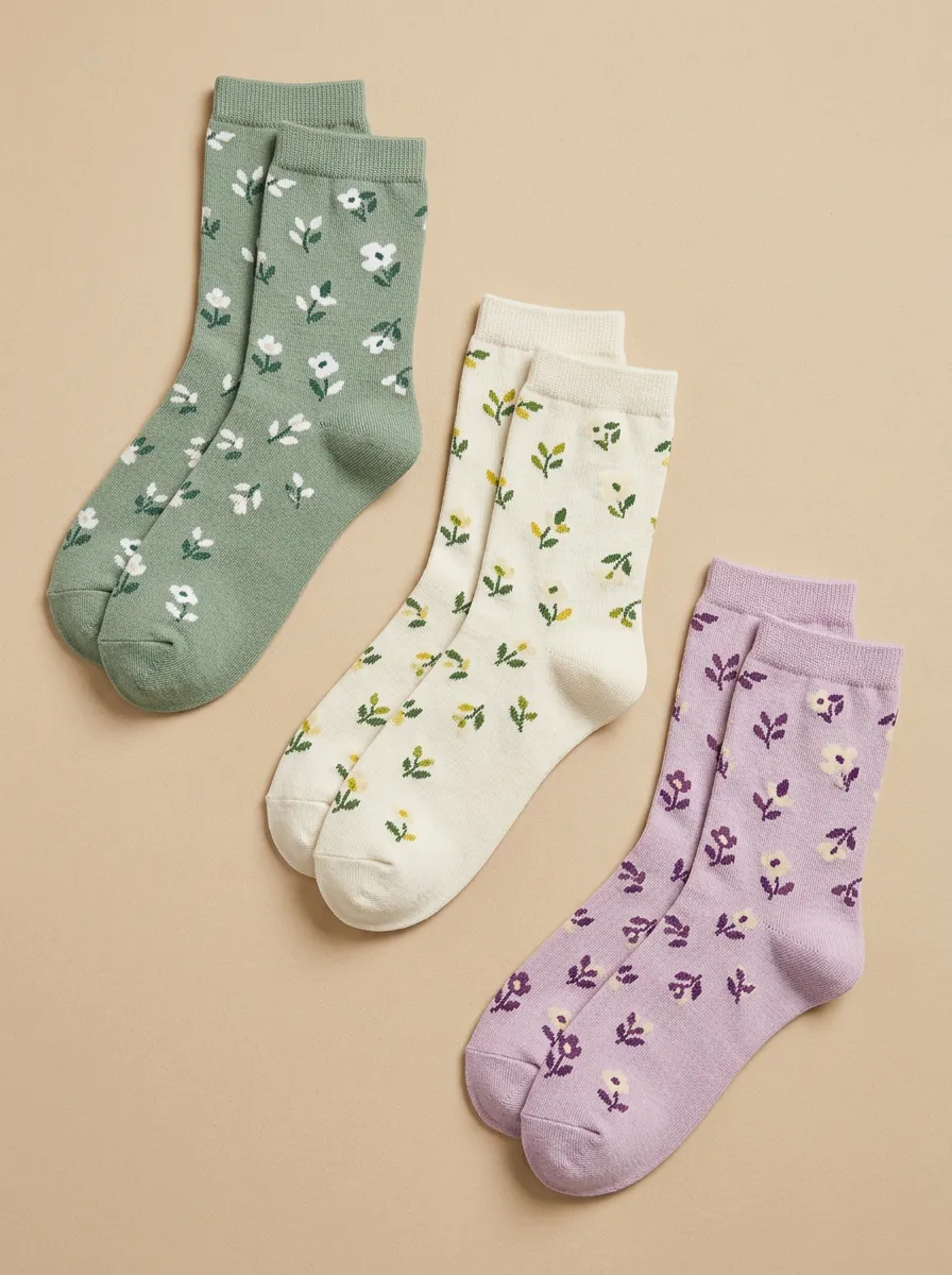 Women's Garden Floral Ribbed Crew Socks Three Pair Set