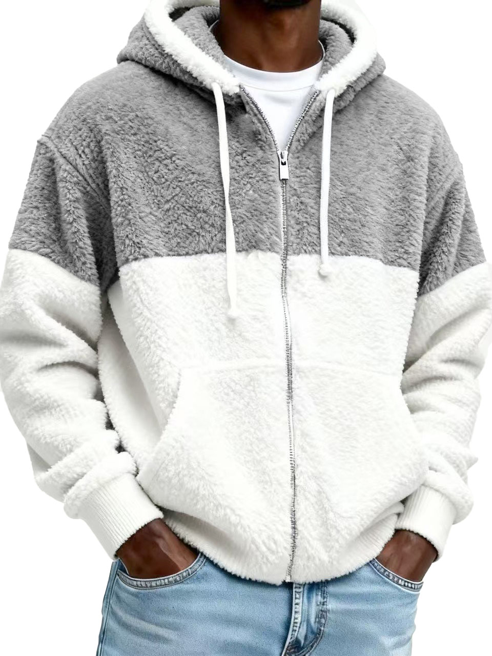Men’s Stylish Casual Patchwork Plush Warm Long-sleeved Hooded Jacket