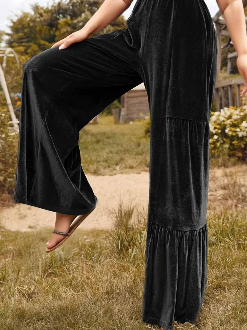 Classic Plus Size Velvet Ruffle Hem Wide Leg Pants