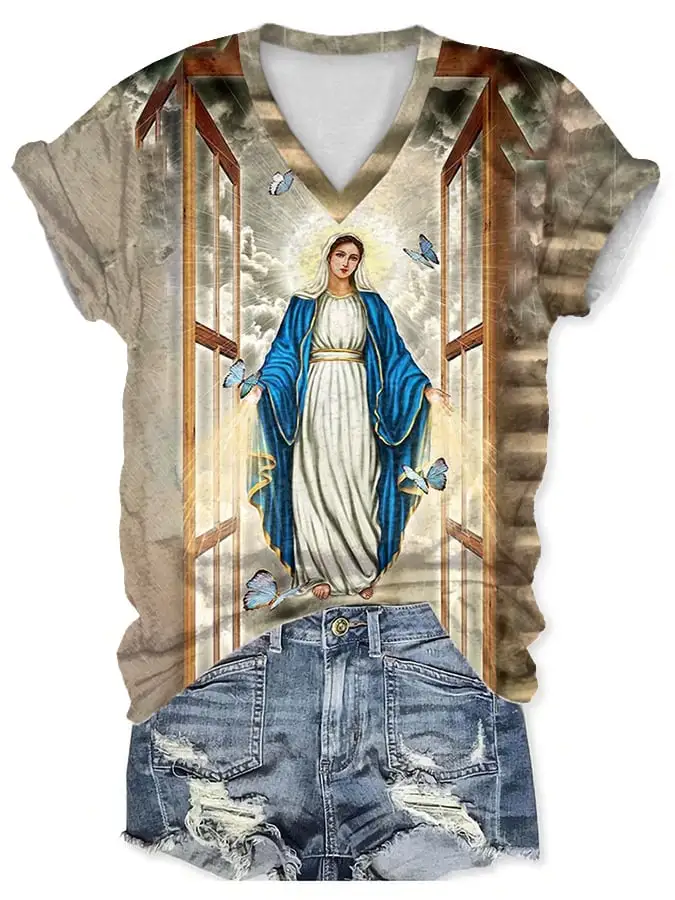 V-neck Mother Mary Blessed Print T-Shirt