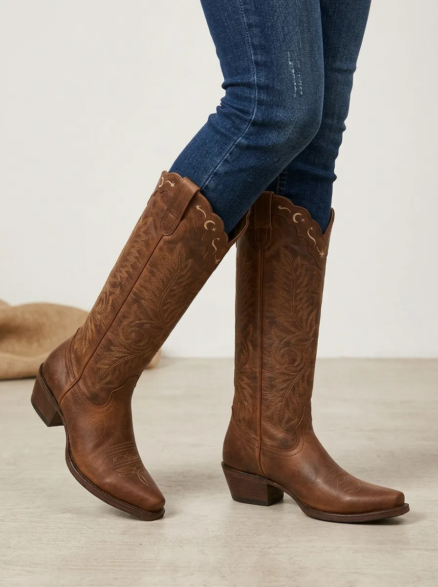 Women's Western Floral Moon Leaf Star Embroidered Block-Heel Denim Over-the-Knee Boots