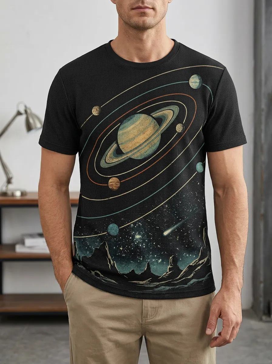 Men's Space Astronomy Lover Saturn Solar System Signature Crew Neck T-Shirt
