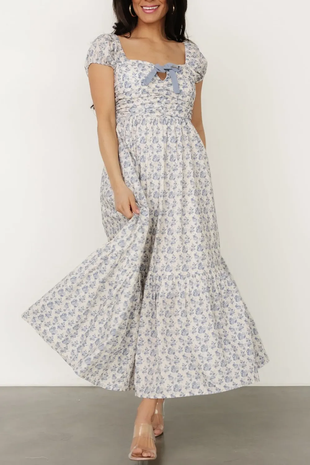 Casual Comfort Bowknot Blue Floral Dress