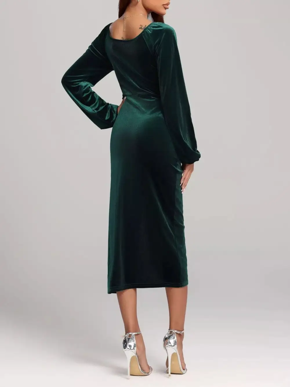 Velvet Slit Long Sleeve Midi Dress