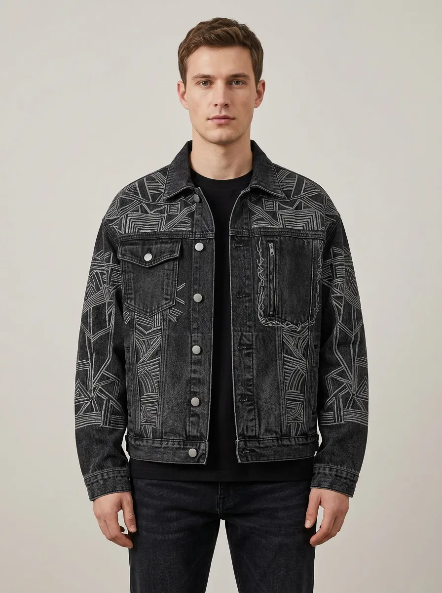 Men's Modern Motif Geometric Printed Denim Jacket