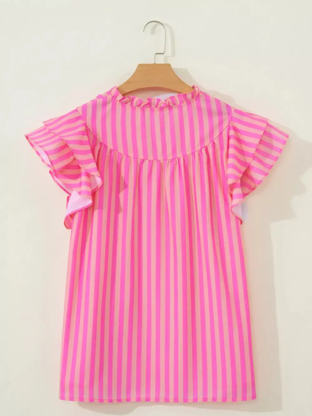 Stripe Split Neck Ruffled Blouse