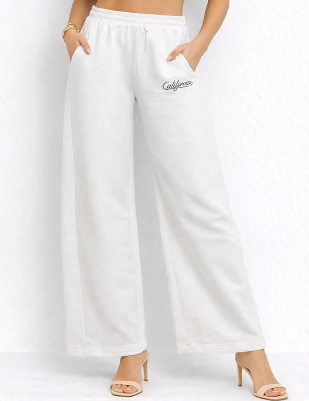 Everyday Letter Embroidery Elastic Waist Wide Leg Pants