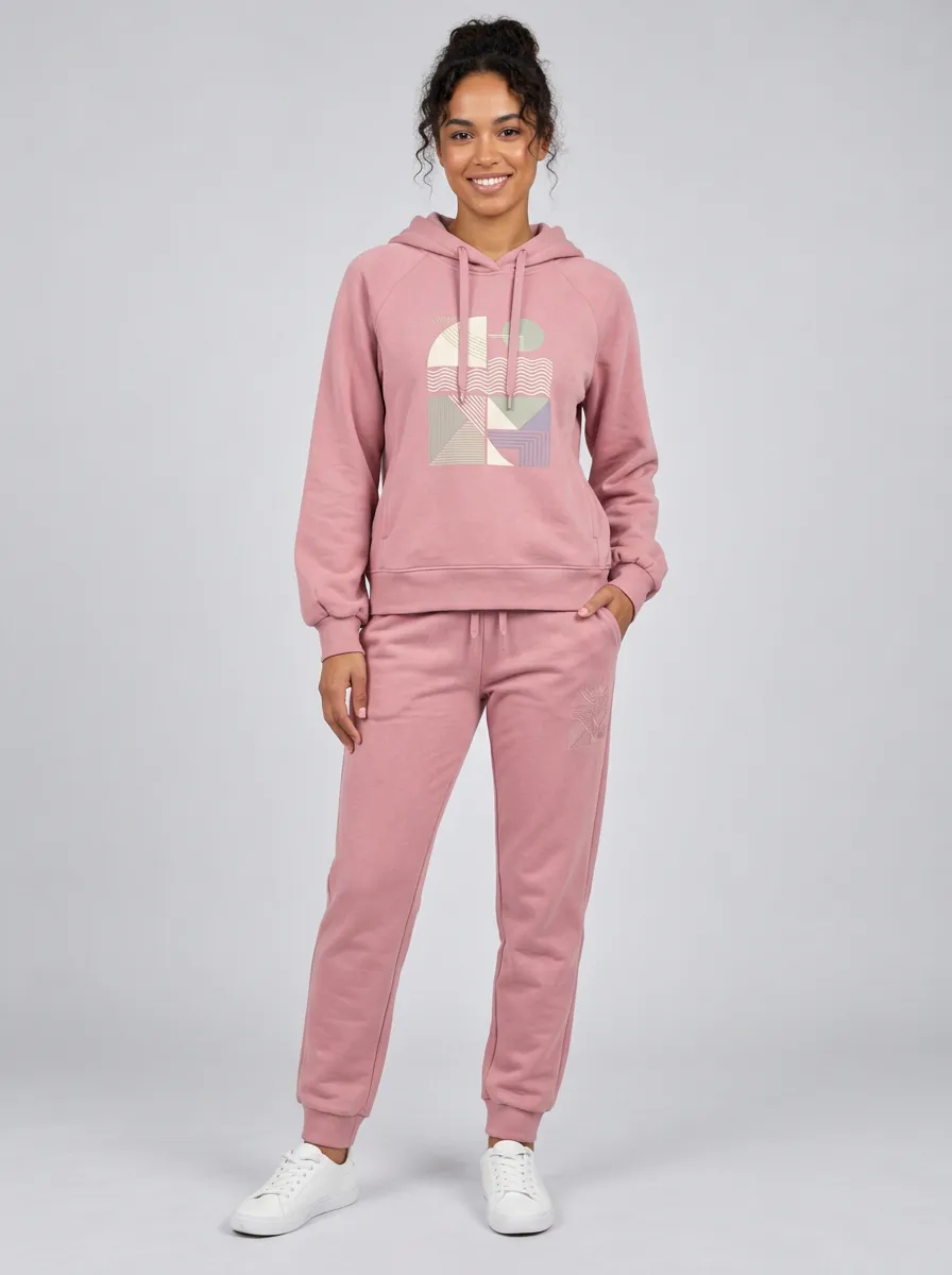 Women's Dusty Rose Drawstring Hood Solid Hoodie & Pants Set
