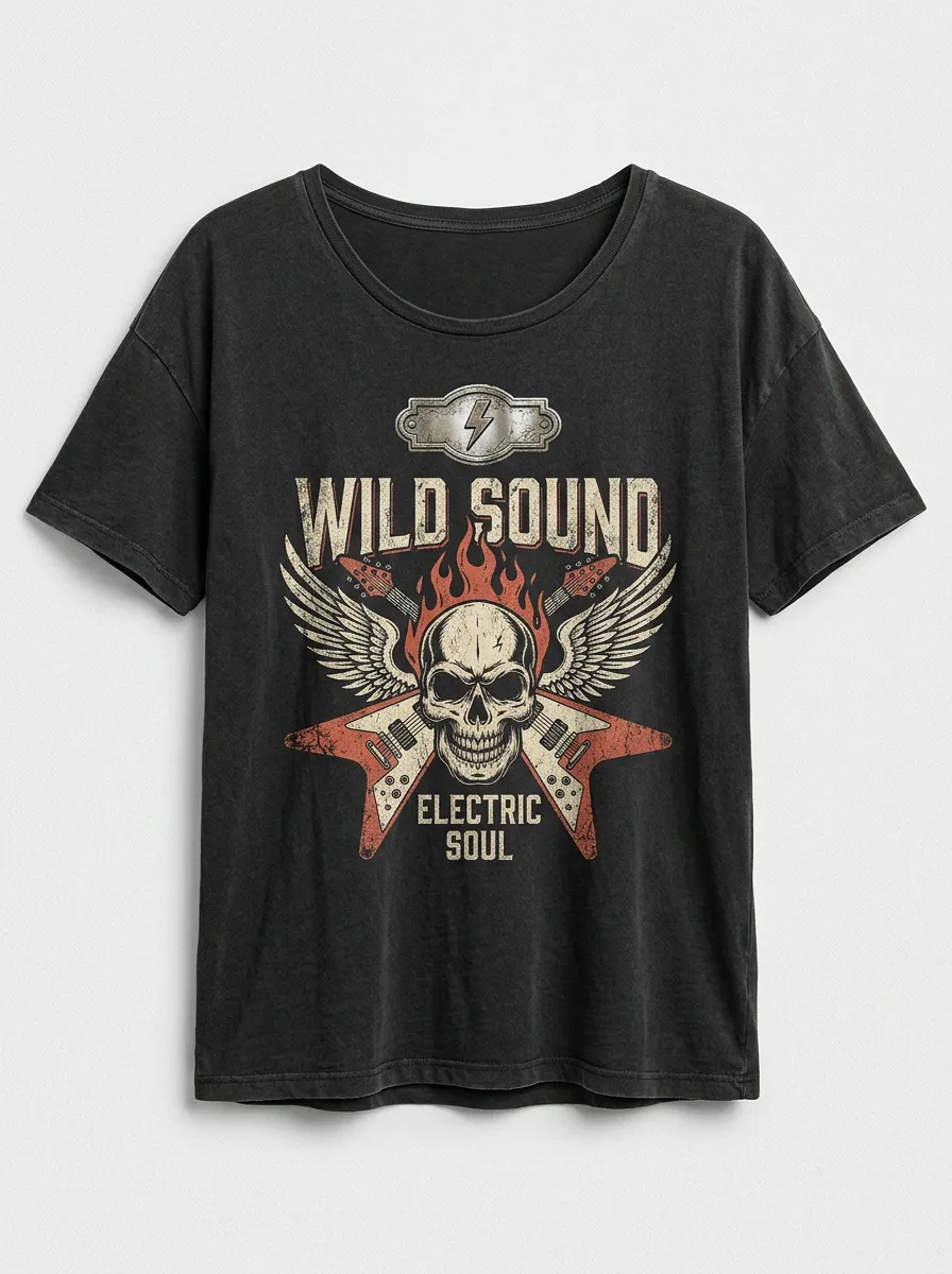 Unisex Rock Music Lover Winged Skull Electric Guitar Printed T-shirt