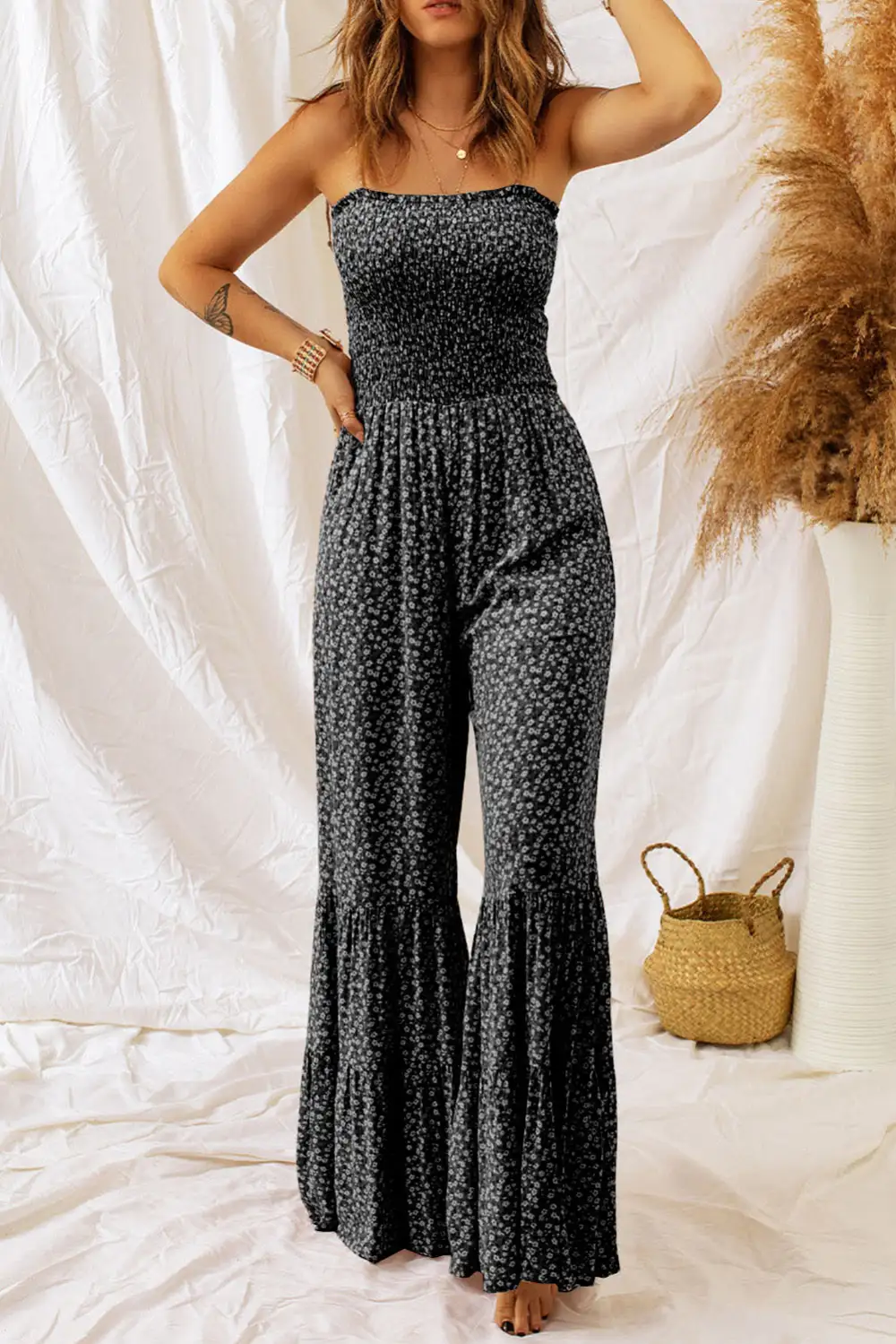 Thin Straps Smocked Bodice Wide Leg Accessory